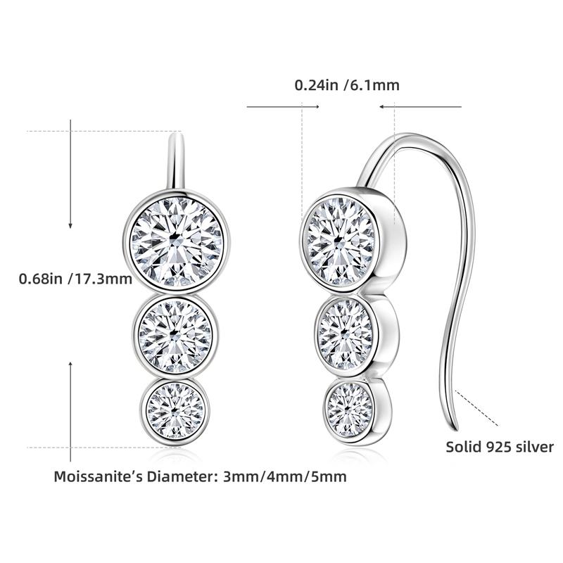 Three Stone Lab Diamond Earrings 925 Sterling Silver Climber Earring Round Bezel Moissanite Stud Earrings for Women 5mm&4mm&3mm moissanite белого золота