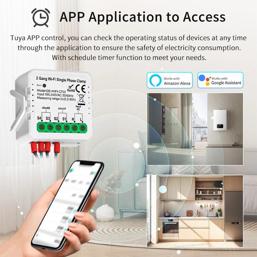 Tuya Smart WiFi Solar Power Energy Meter Bidirectional Current Transformer Clamp App Monitor Export Import Power 100-240V 1/2CH