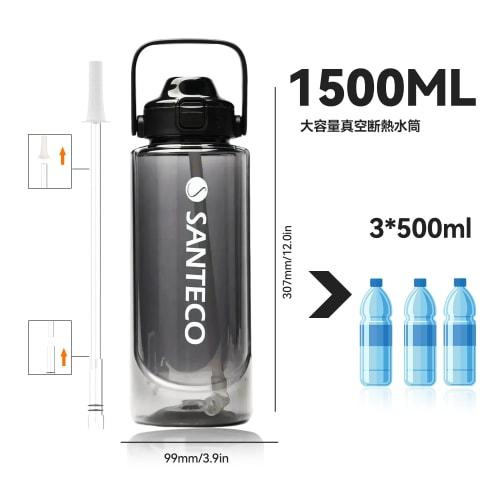 SANTECO Water Bottle, 1500ml/2000ml, BPA-Free, Ultra-Lightweight, Portable, Stylish, Easy to Clean, with Carry Handle, Perfect for Sports (Carbon Blac