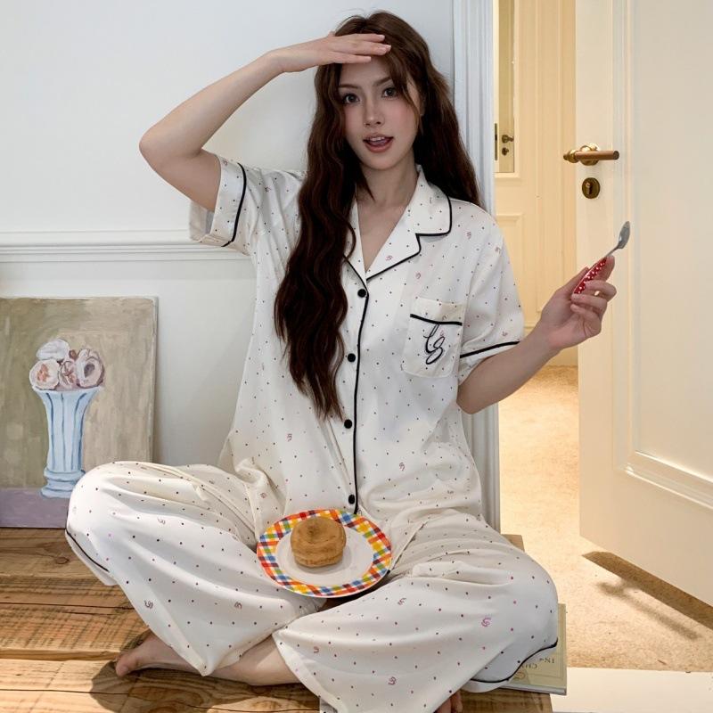 1011 Ice and Snow Silk New Fashion Pajamas Women's Short-sleeved Trousers High-end Wind Smooth Cool Summer Loungewear