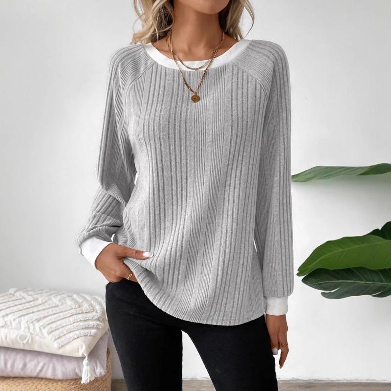 Women Solid Color Ribbed Long Sleeve Round Neck Casual Pullover Sweater