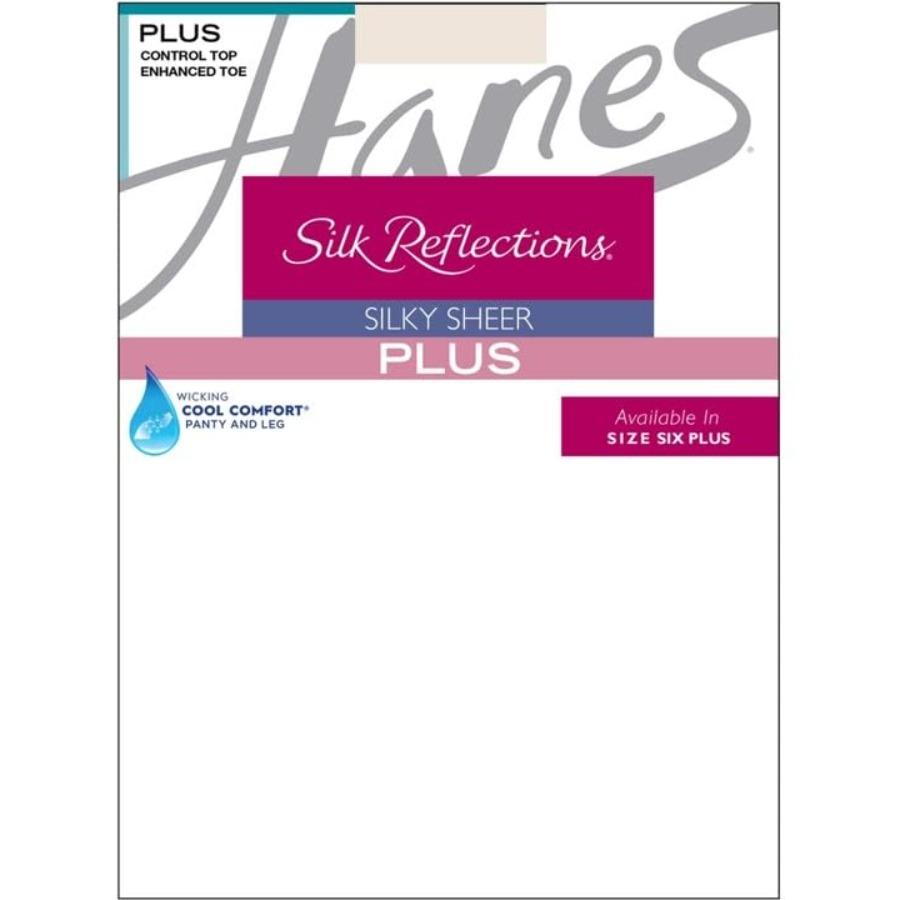 Hanes Silk Reflections Plus Size Women'S Silky Sheer Tights Control Top, Enhanced Toe, Wicking Cool Comfort 20 Denier