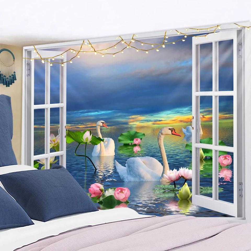Imitation Window Landscape Painting Tapestry Wall Hanging Bohemian Natural Scenery Hippie Living Room Home Decor
