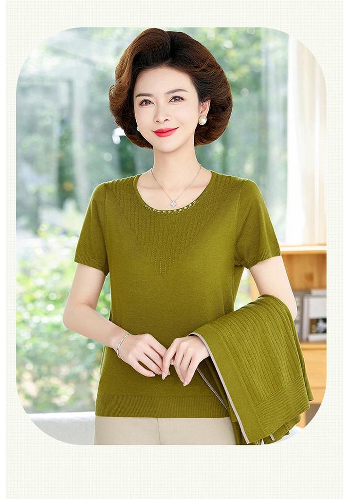 Spring New Arrivals: Women's Knit Two-Piece Set - Short-Sleeved Top and Stylish Cardigan for Middle-Aged and Elderly
