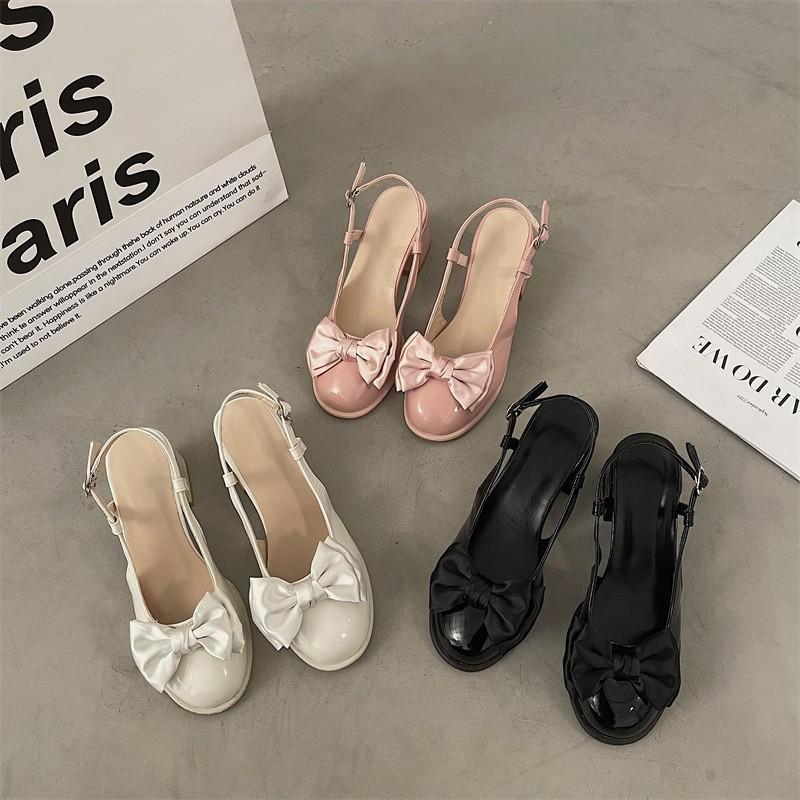 High heels women's new summer 2024 temperament fashion bow round head thick heel light mouth versatile bag head sandals