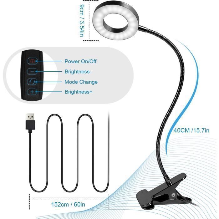 Lampe de Bureau - Non spécifié - Modèle à Pince - 48 LED - 3 Modes d’Éclairage - 10 Niveaux de Luminosité Noir YYV