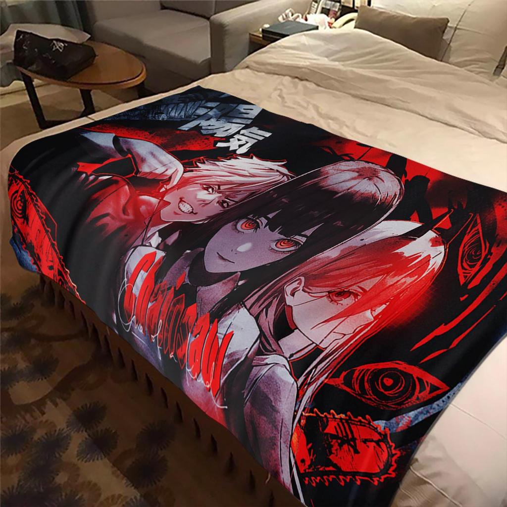 Anime Chainsaw Man Blanket Makima Pochita Power Character Flannel Blanket Comfortable Warm Blanket Gift for Family Friend