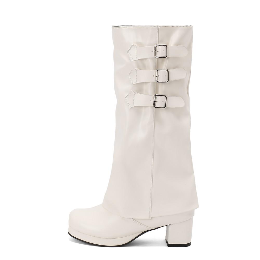 Fashion Women Thick Bottom Motorcycle Boots Women Knee High Boots Autumn Winter Women Gothic Punk Buckle Casual Boots Brown White Black