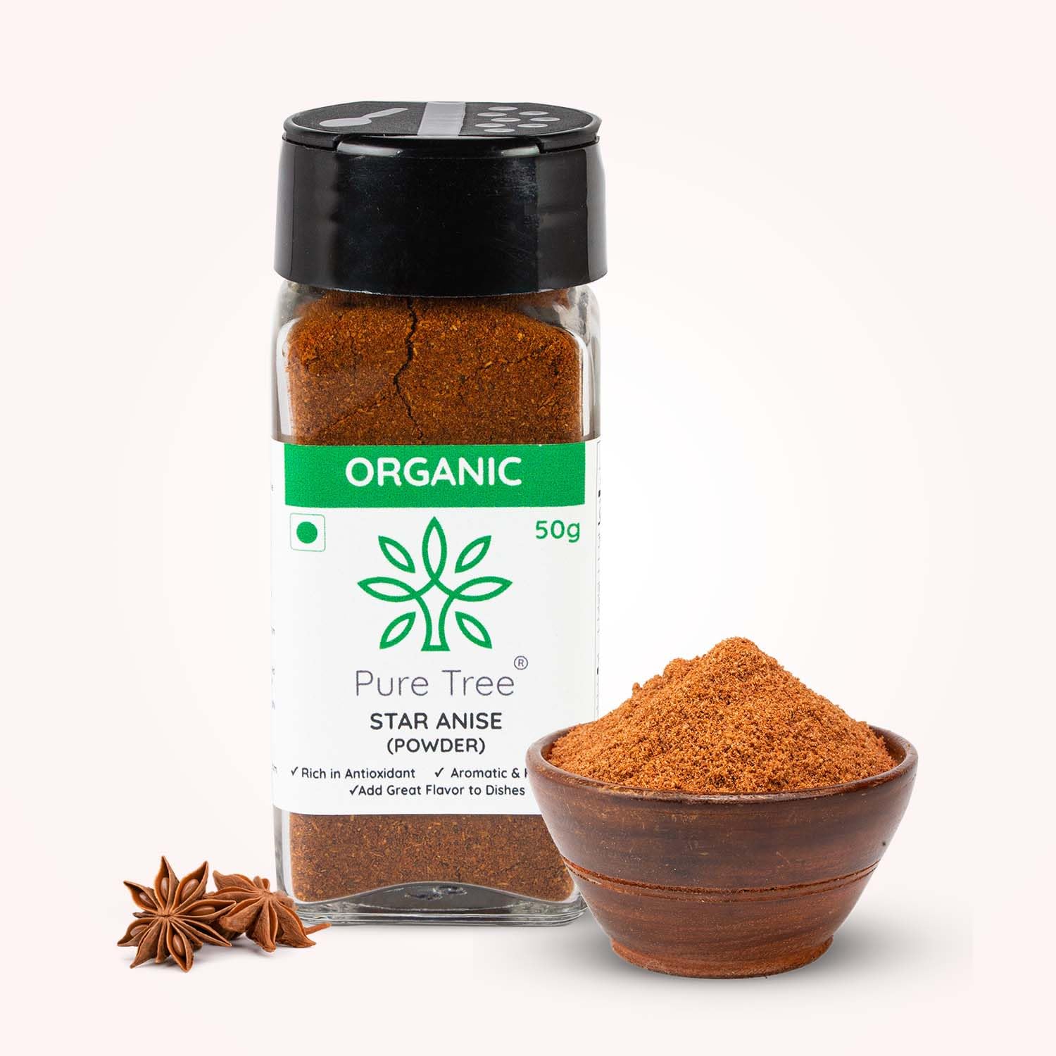 Pure Tree Certified Organic Star Anise Powder | 50 g | Glass Jar | Chakri Phool, Badian Spice | Aromatic Khada Masala for Cooking, Baking, Chai,