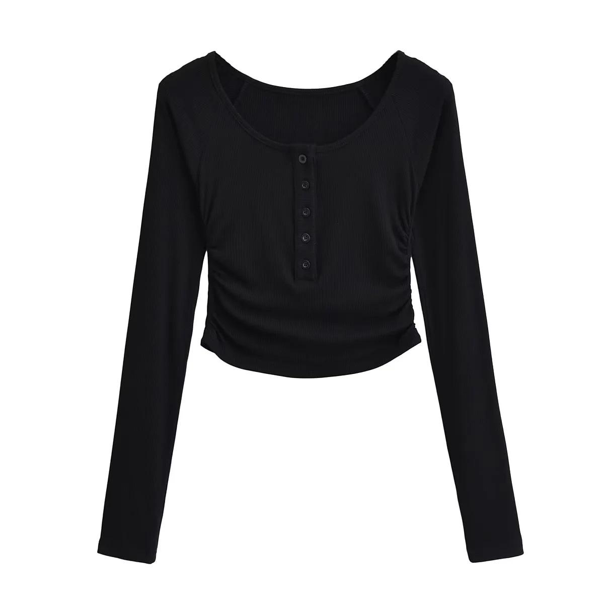 

Women s Slimming U-Neck Long-Sleeve Top - Retro Style, Fitted, Button-Up Small чёрный