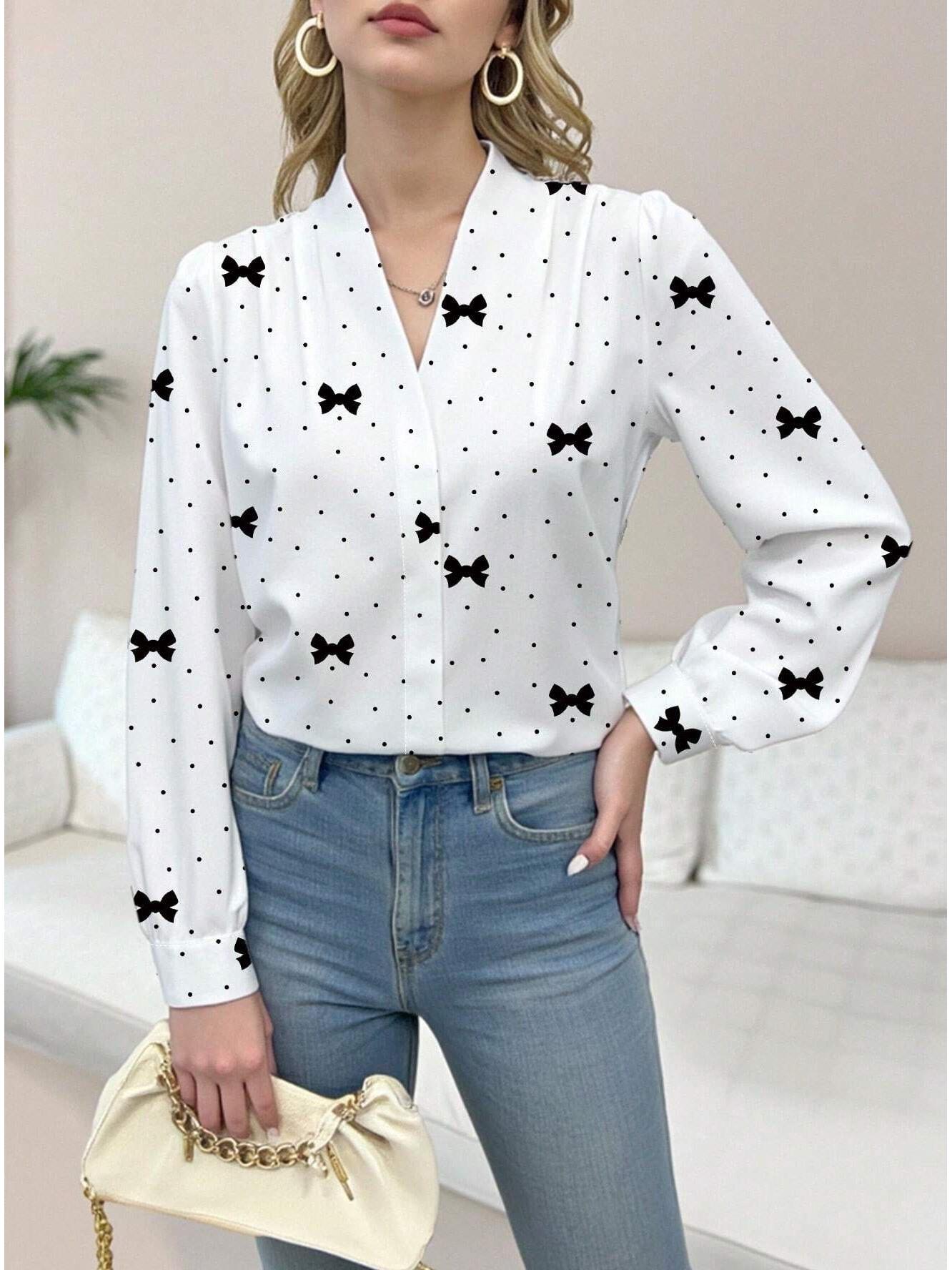 

Elegant Polka Dot Bow Print V-Neck Long Sleeve Women s Shirt XL білий