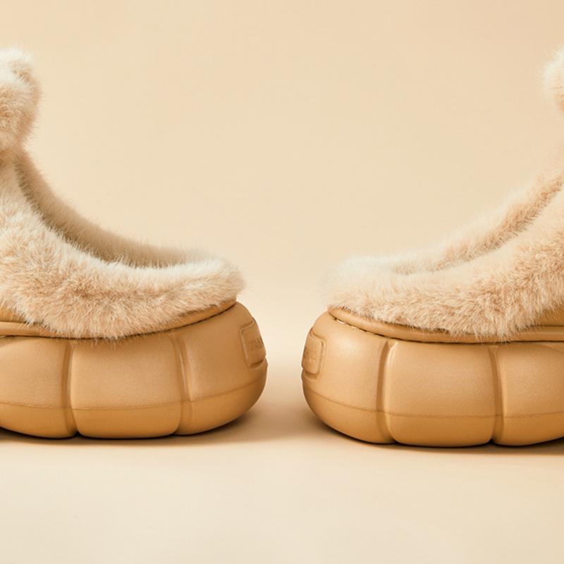 2025 Cute Bowknot Fur Slippers Women Winter Waterproof Thick Bottom Cotton Padded Shoes Woman Platform Warm Plush Slides Shoes