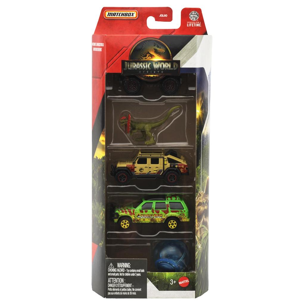 Matchbox Jurassic World 5-balení Různé hračky s vozidly, 4 mini auta a 1 minifigurka dinosaura, Věk 3+, Víceúčelové, JGL60
