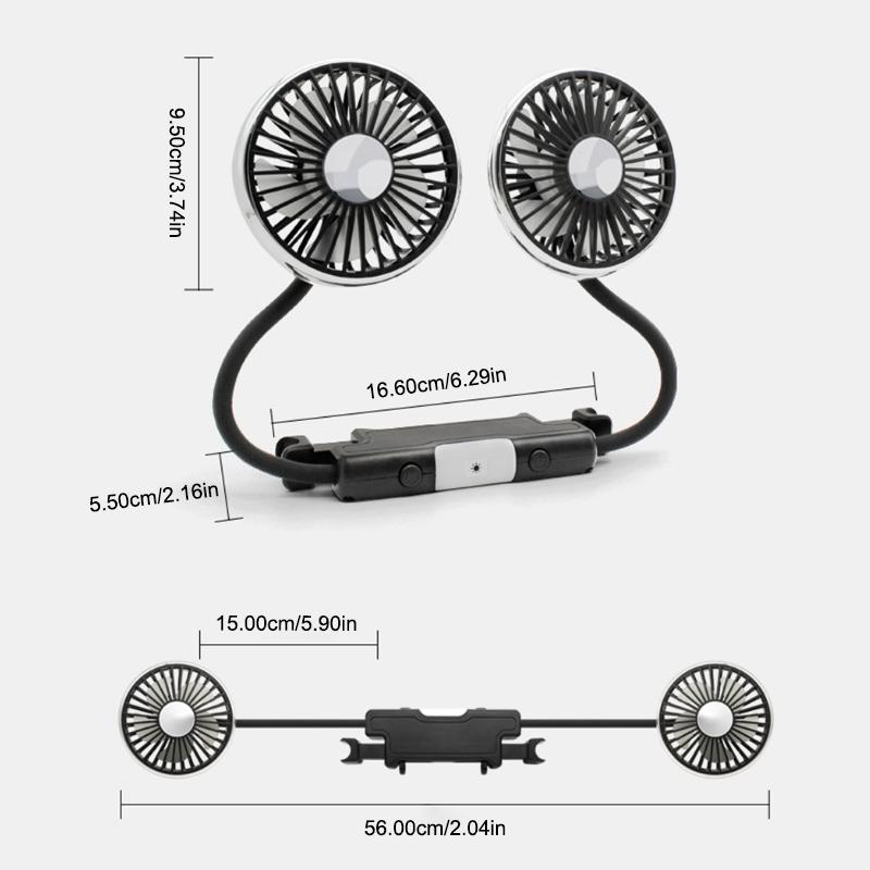 SEAMETAL USB Car Cooling Fan with 360° Rotatable Double Head 3 Speed Regulation Rear Air Fan for Truck
