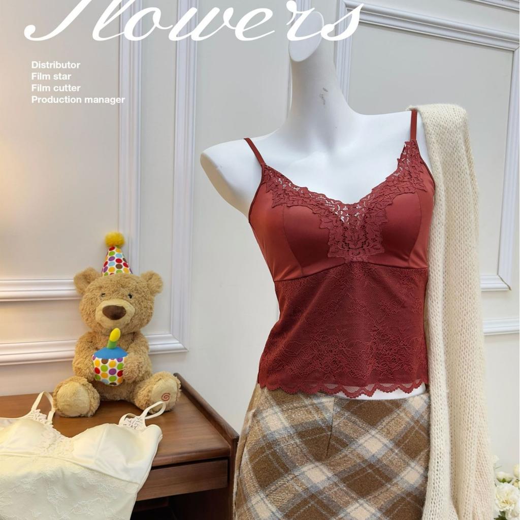 Thermal vest underwear women's with chest pad soft support satin autumn and winter French romantic lace inner sling