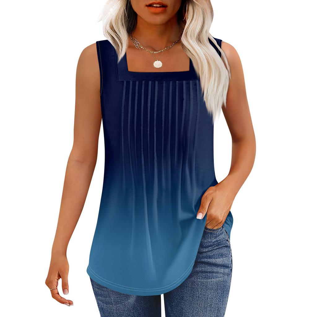 Tanktopp for kvinner Sommerantrekk Ermeløse Trykte Bluser Casual Løse Skjorter Plissert Firkantet Hals