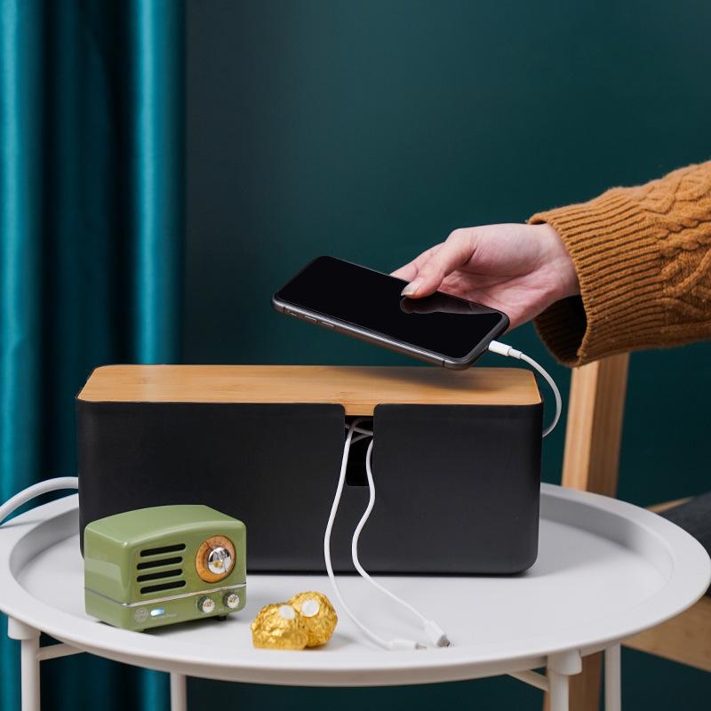 Bamboo Top Power Strip Cover Box - Cable Organizer for Desk, Multi-Outlet Cord Hider Storage Case Desk Organizer