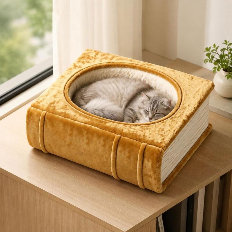 Dekoratives Katzenbett in Buchform mit ovaler Öffnung, integriertem Kissen, seitenähnlicher Oberfläche und warmem Stoff zum Ausruhen im Innenbereich
