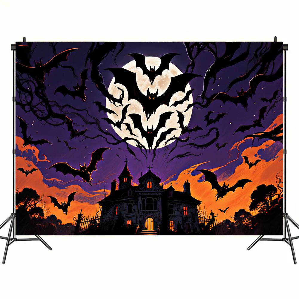 Scary Halloween Backdrop Banner-Castle with Bats&Full Moon for Indoor/Outdoor Parties,Graduation,Halloween Decor,Event