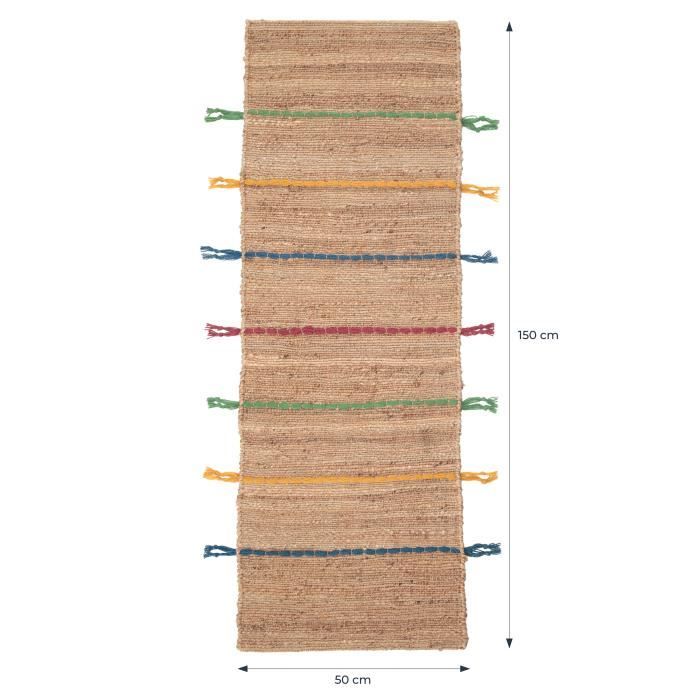 Tapis - Jute et laine - Lignes colorées - 50x150 cm - Intérieur
