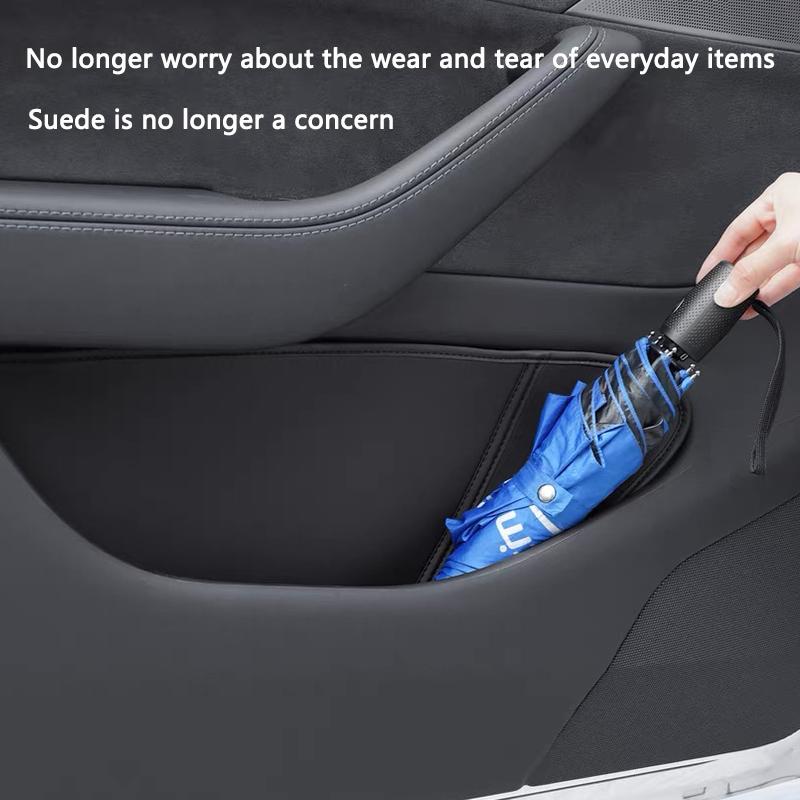 Car Door Side Storage Box For Tesla Model Y Juniper Leather Full Cover Front Rear Door Handel Pocket Organizer Tray Accessories