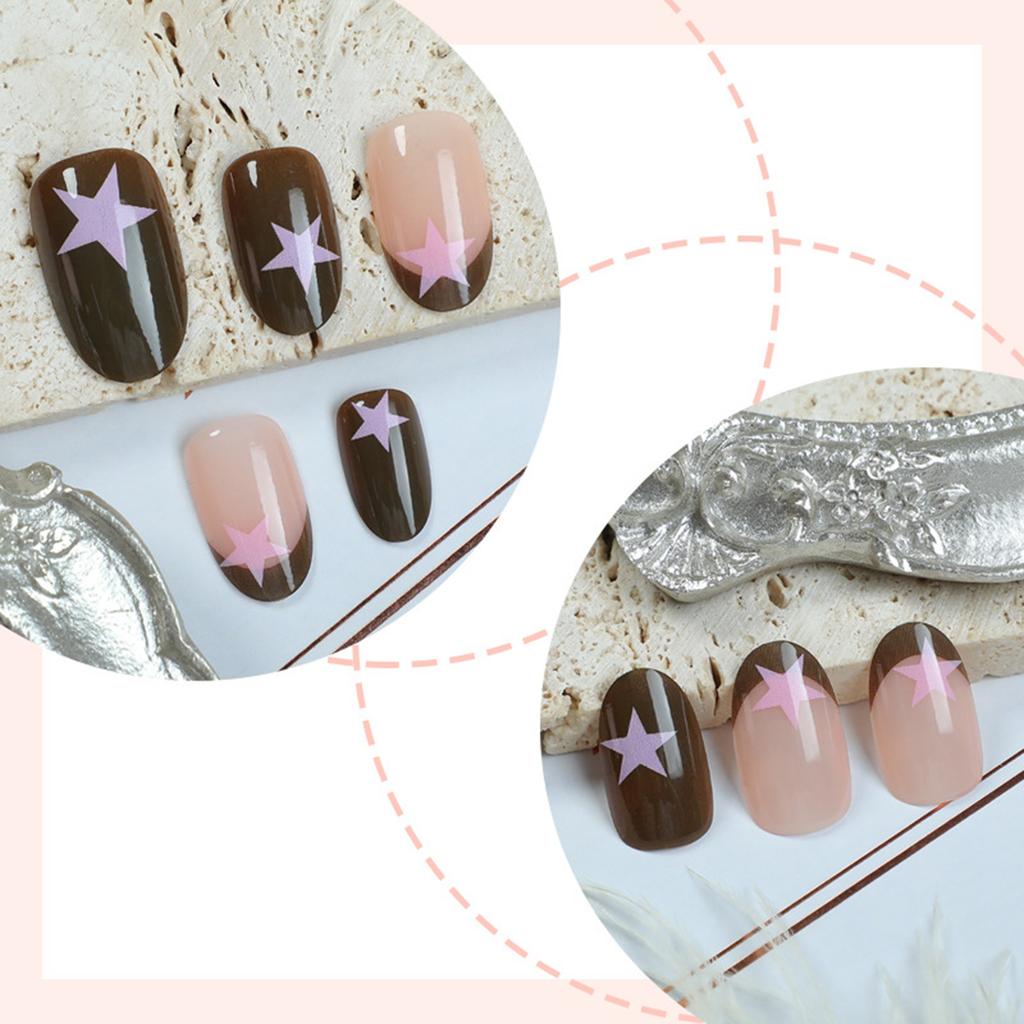 24Pcs Brown French Tip Short Oval Press On Nails Y2K Pink Star Pattern Full Cover Fake Nails For Women