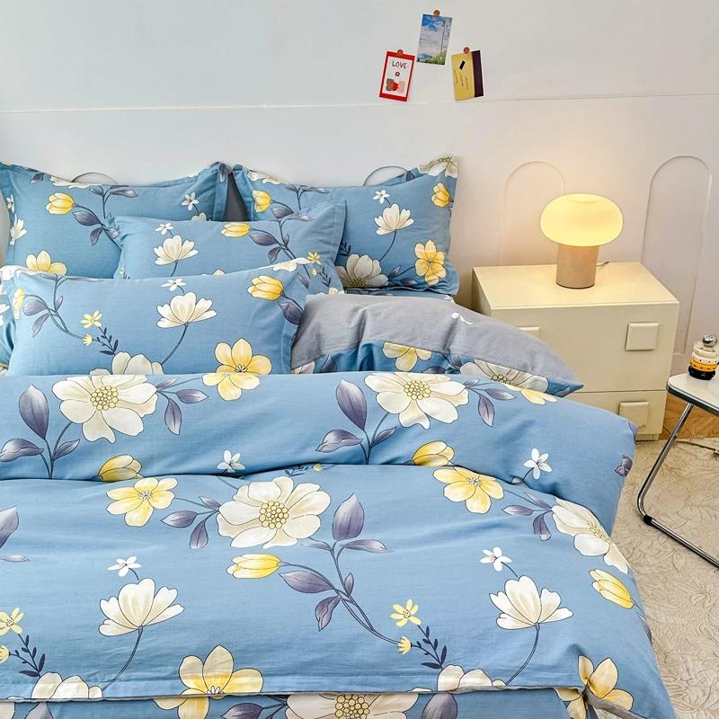 Floral Plants Duvet Cover Set 100% Cotton 3Pcs Blue Quilt Cover with 2 Pillowcases Skin-friendly Soft Bedding Set for All Season
