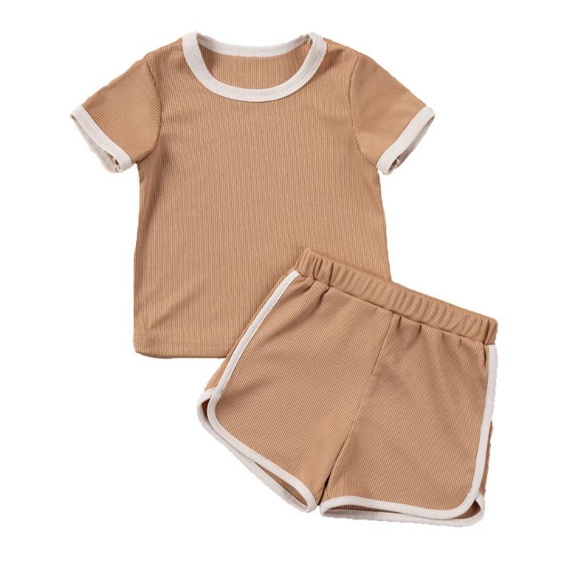 Boys Girls Ribbed Summer Outfit Set Toddler Short Sleeve T Shirt Shorts Children 2Pcs Clothes Sets Korean