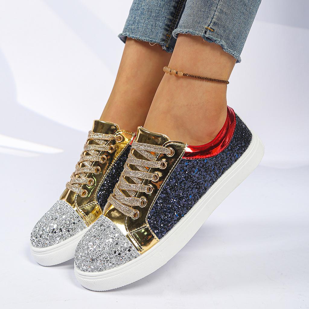 Plus Size Shoes for Women 2026 Spring Summer Women Lace Up Platform Wedges Sequin Non-slip Flats Sneakers Zapatos De Mujer