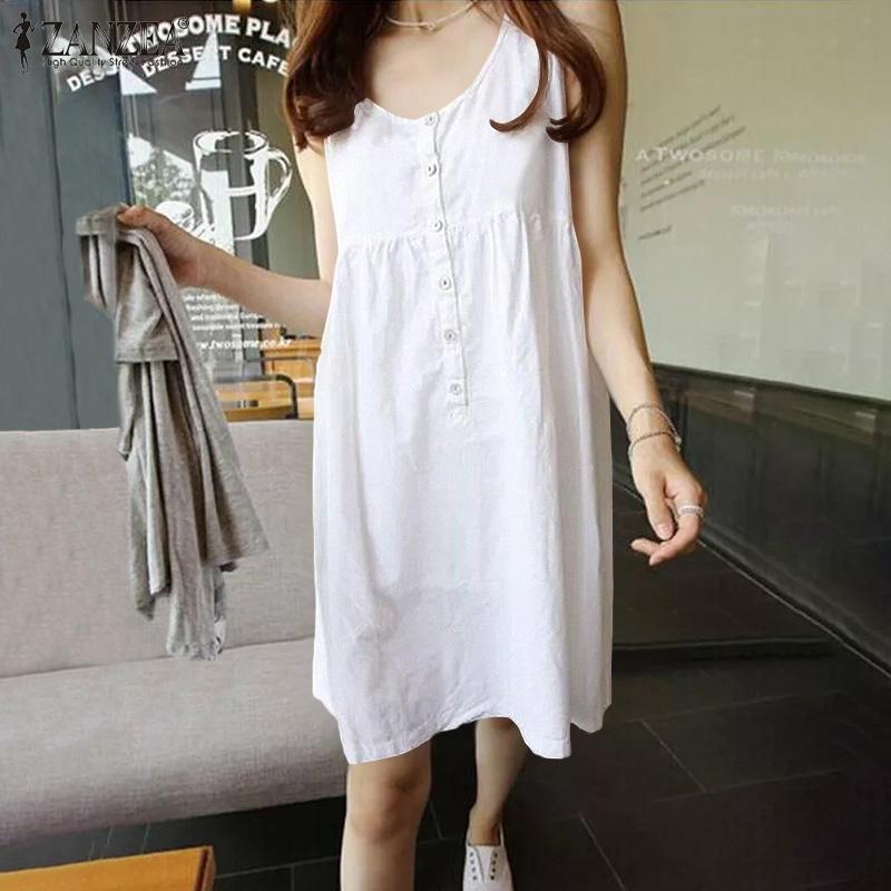 

ZANZEA женское летнее однотонное свободное хлопковое платье без рукавов на пуговицах сарафан