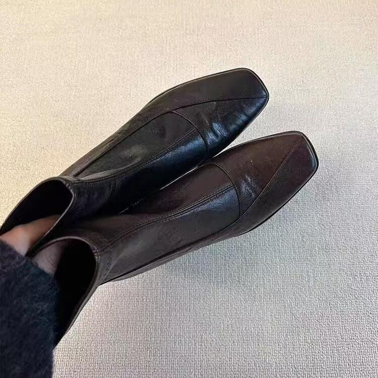 Soft leather version~ retro elastic thin boots women's head back zipper thin temperament commuter short boots thick heel small bare boots