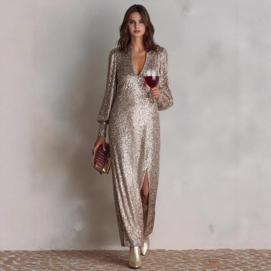 Women's Sexy Long Sleeve Sparkly Maxi Dress Deep V Neck High Slit Formal Gown Glitter Party Cocktail Long Dress