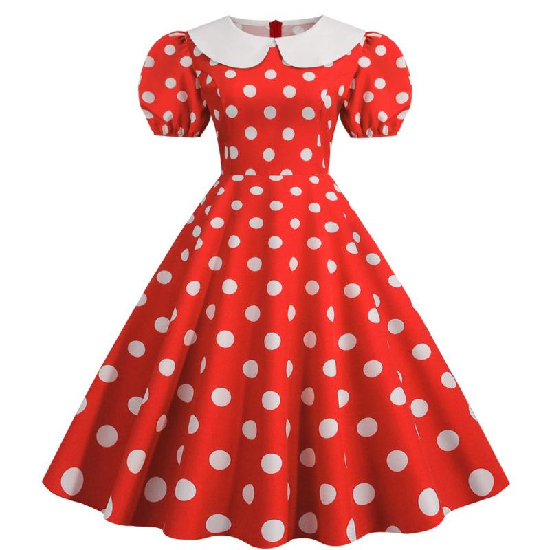 2022 Retro Polka Dot Doll Collar Short Sleeve Party Dress