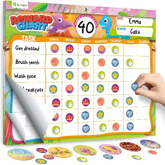 D-FantiX Reward Chart for Kids - Pad with 27 Chore Charts, Magnetic Behavior Chart for Kids at Home, Sticker Chart to Motivate Responsibility and