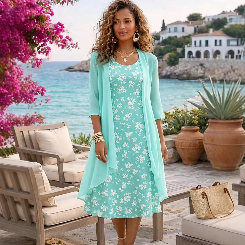 Women's O Neck Floral Print Midi Dress Two Piece Three Quarter Sleeve Chiffon Cardigan Loose Fit Casual Summer Outfit Set