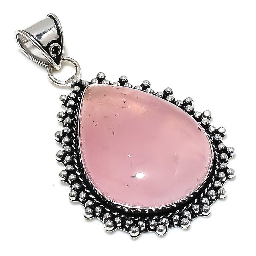 Natural Rose Quartz Gemstone Handmade 925 Sterling Silver Pendant 2.56" N2z04