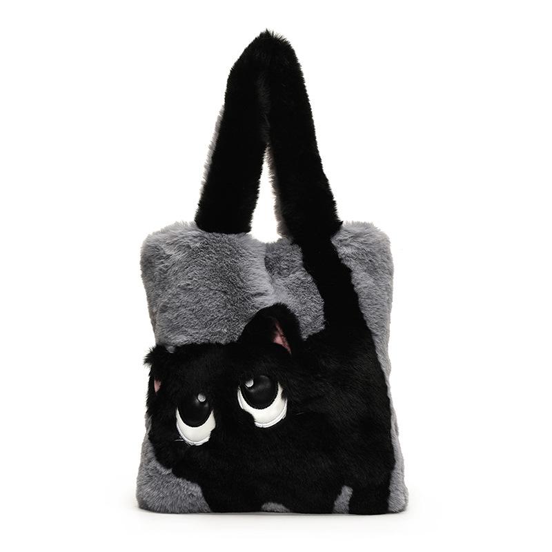 Creative Cartoon Cat Women's Plush Bag Embroidery Large Capacity Tote Bag Simple Fashion Soft Shoulder Bag for Autumn Winter