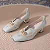 Elegant Embroidery Pattern Pumps Women Spring Autumn Comfort Thick Heel Square Toe Loafers for Woman Metal Detor Shoes Female