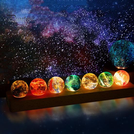 Faux Crystal Glass Balls USB Powered LED Chakra Ball with Wooden Base Ice Cracked Spheres Night Light for Meditation Home Table Decor