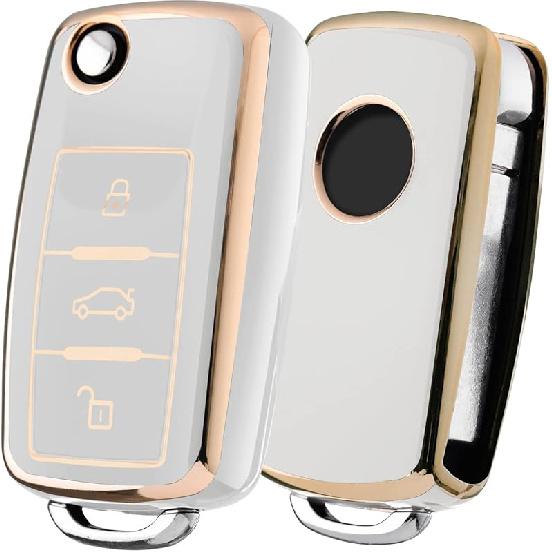 ELOHEI for VW Key Fob Cover, Premium Soft TPU 361 Degree Full Protection for VW Volkswagen Jetta Beetle Tiguan Passat Golf MK6 Polo 3 Buttons(Leather