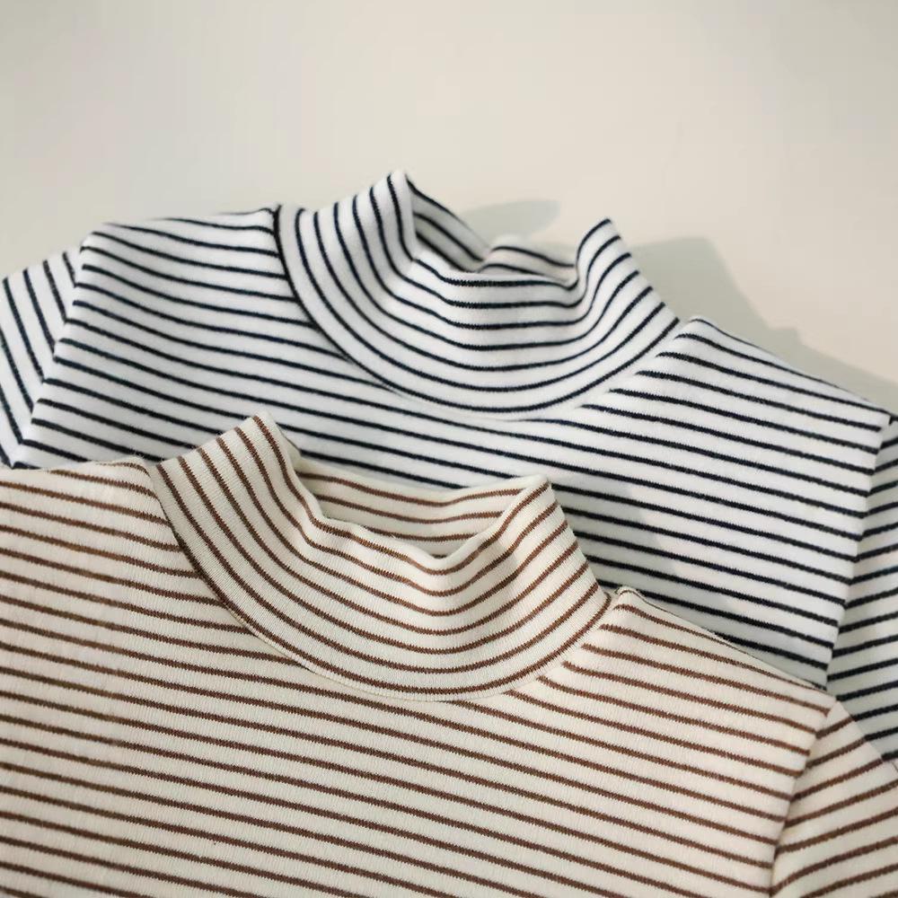 Kids' Winter Striped Velvet-Enhanced Thick Warm High-Collar Long-Sleeve T-Shirt