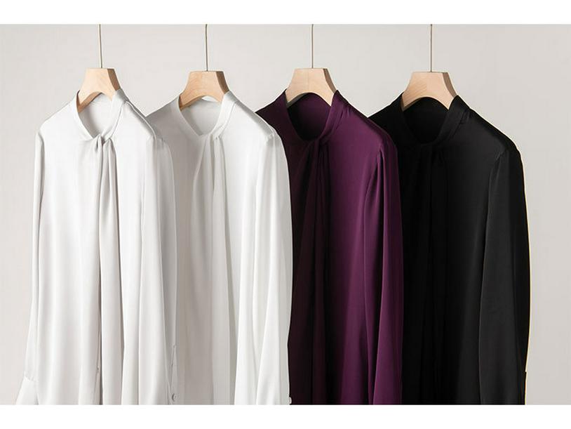 Women's Spring Ribbon Silk Blouse - Long Sleeve, Mid-Length, Slim Fit, Solid Color.