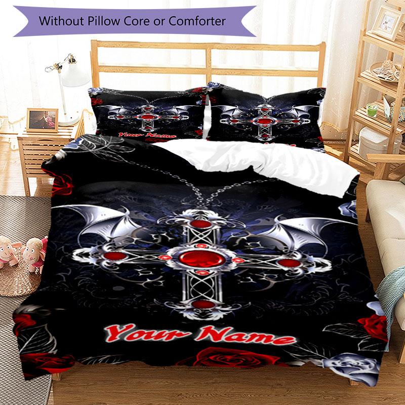3PC Custom Name Gothic Cross Wings Bedding Set Duvet Cover Closure Includes 1 Duvet Cover & 2 Pillowcases for Bedroom