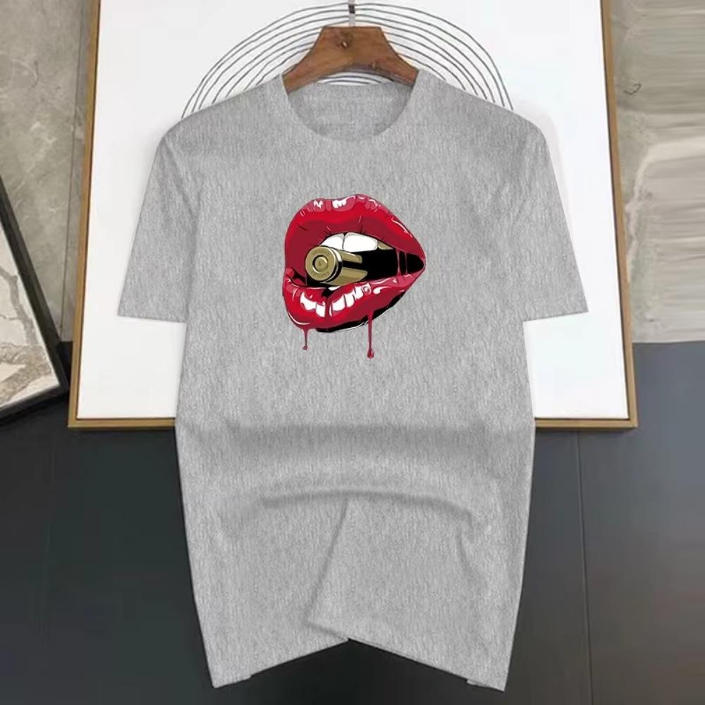 Brand T Shirts for Men Summer Fashion Sexy Lips Bite Bullets Print Shirt Cotton High Quality Woman Clothing Tops Streetwear