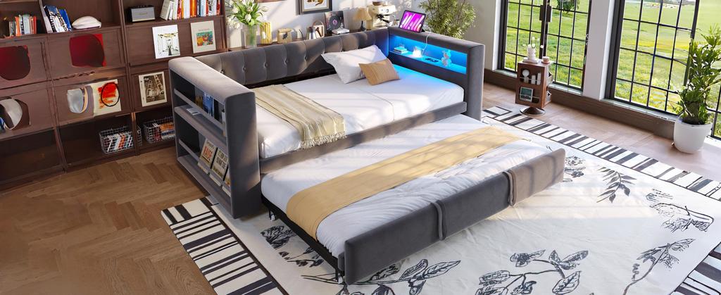 Upholstered Bed 90/180 × 190 Cm, with LED Lighting, Sockets and Lots of Storage; Upholstered Bed, Multifunctional Sofa Bed, Single Bed, Dark Grey