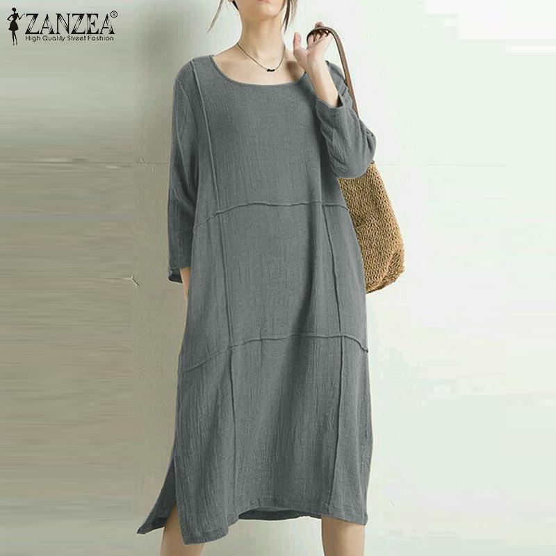 

ZANZEA Женское повседневное свободное летнее платье с круглым вырезом и рукавами 3/4