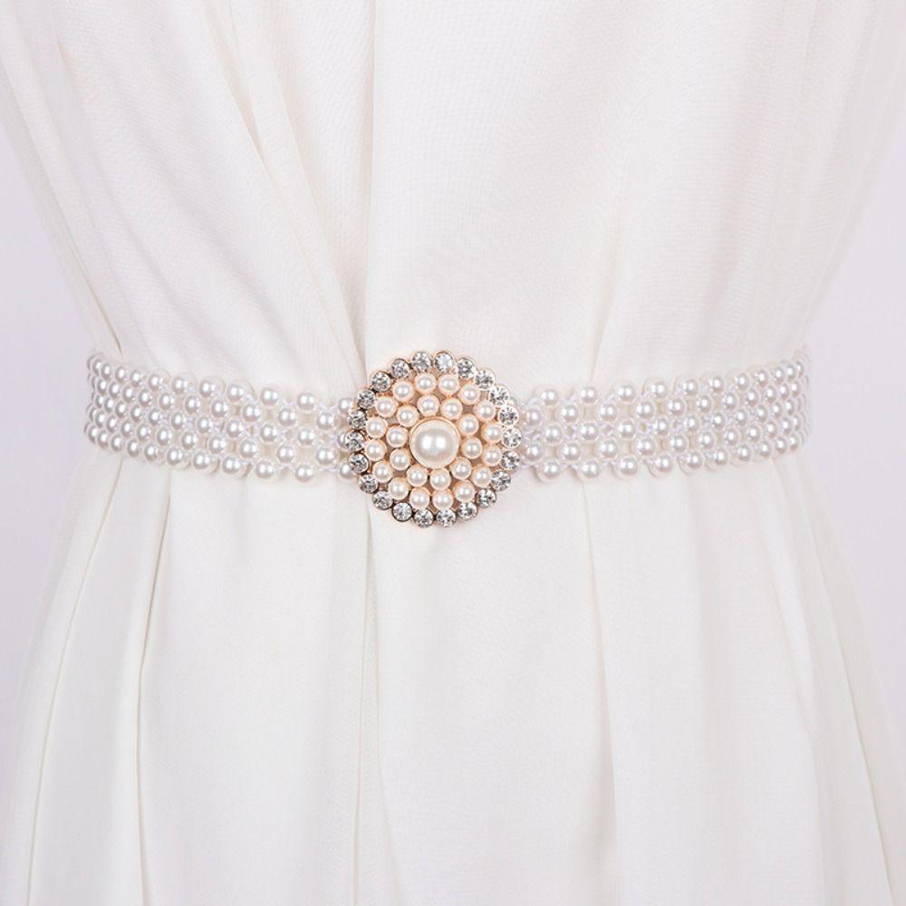 Bling Pearl Waist Belt Rhinestone Women Waist Belt Elegant Elastic Waistband  Dress