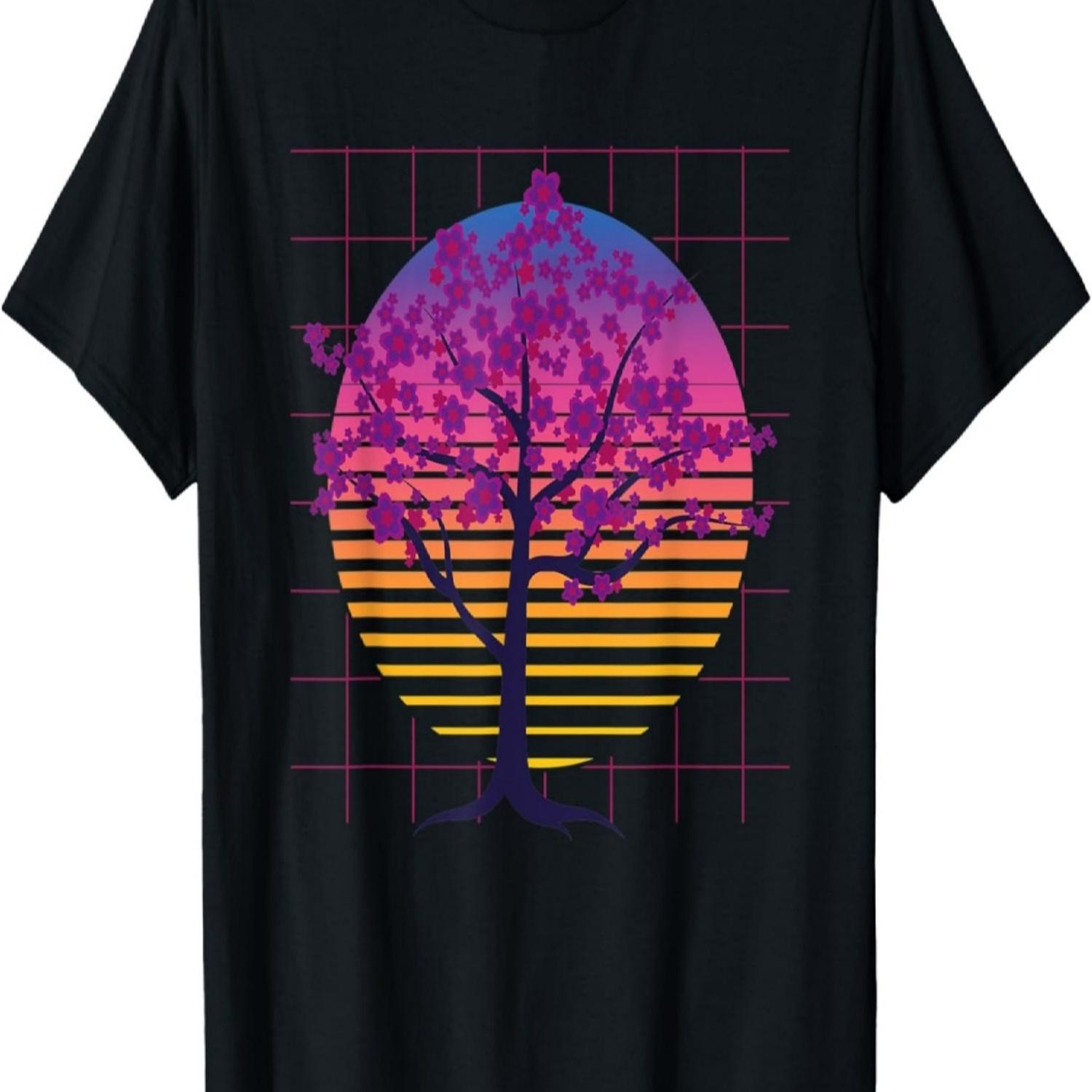 Sakura Tree Japan Flower 80s Art Vaporwave Cherry Blossom T-Shirt S