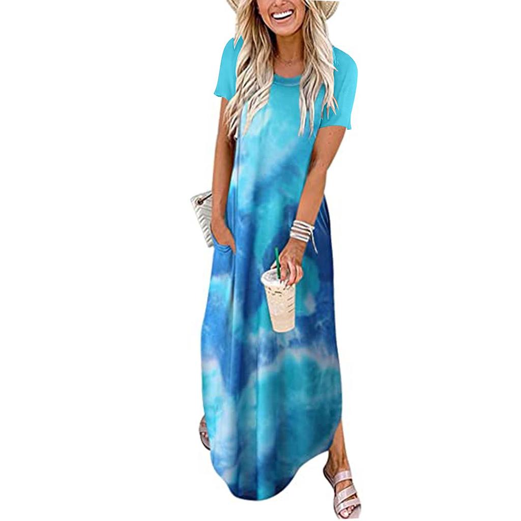 Women Casual Gradient Colours Pocket Long Dress Short Sleeves Split Maxi Dresses