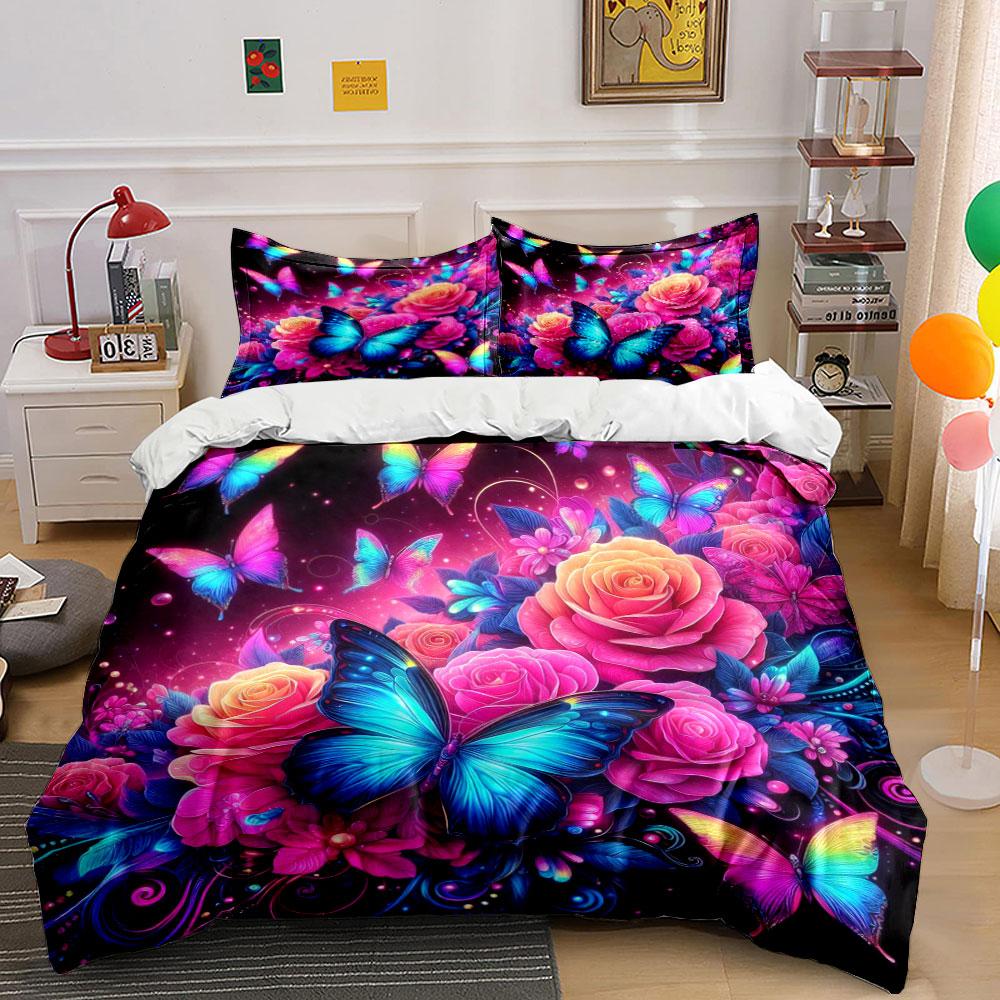 Colorful Butterflies and Roses Bedding Duvet Cover Set Duvet Cover Pillowcases (1 * Duvet Cover 2 * Pillowcases, without duvet insert)